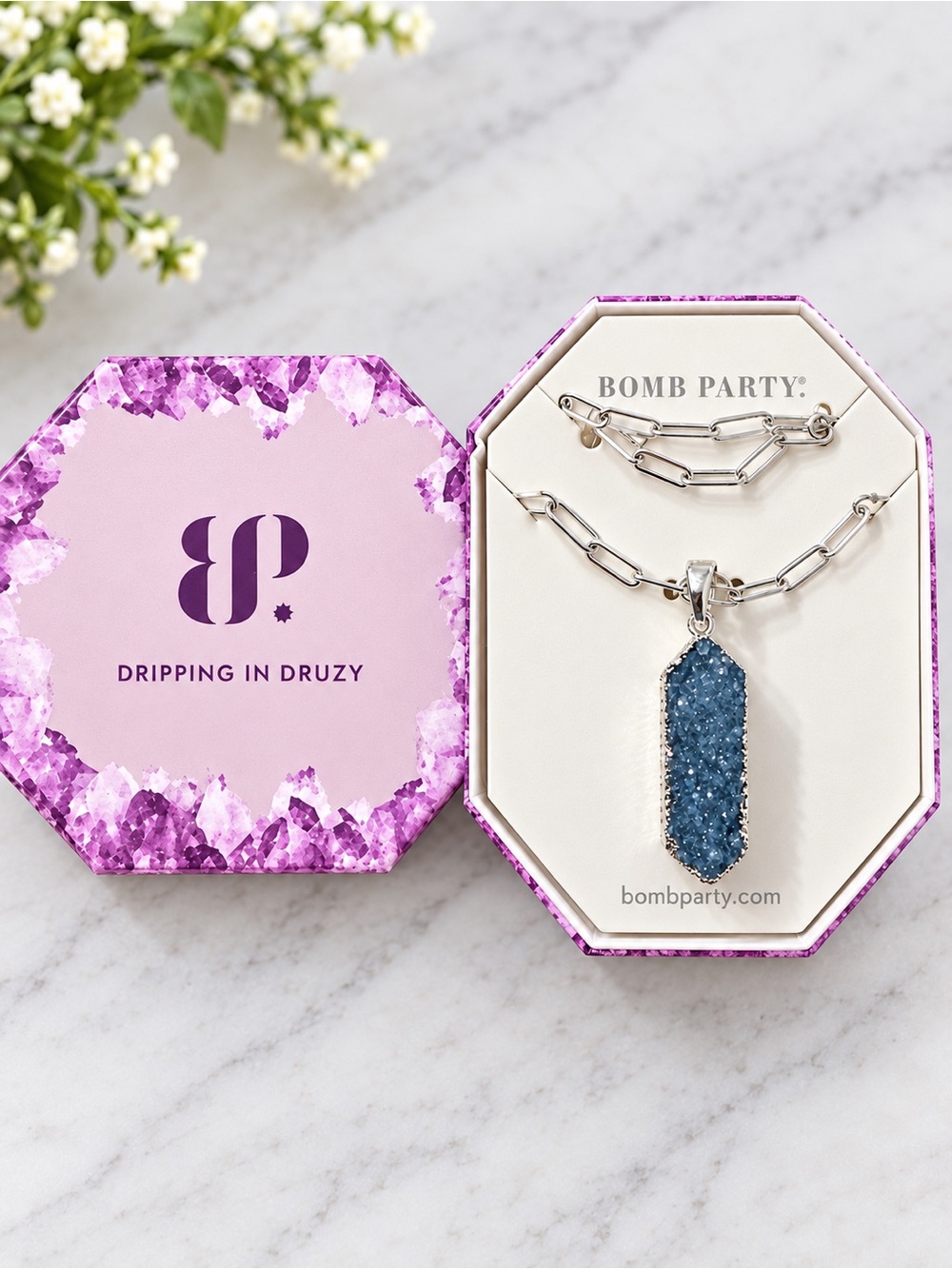Bomb Party Gypsy Romance Ocean Blue Druzy Silver Plated Necklace RBP4830